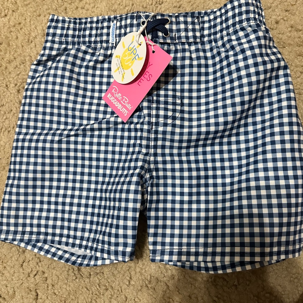 RuggedButts Blue Checkered Kids Swim Trunks